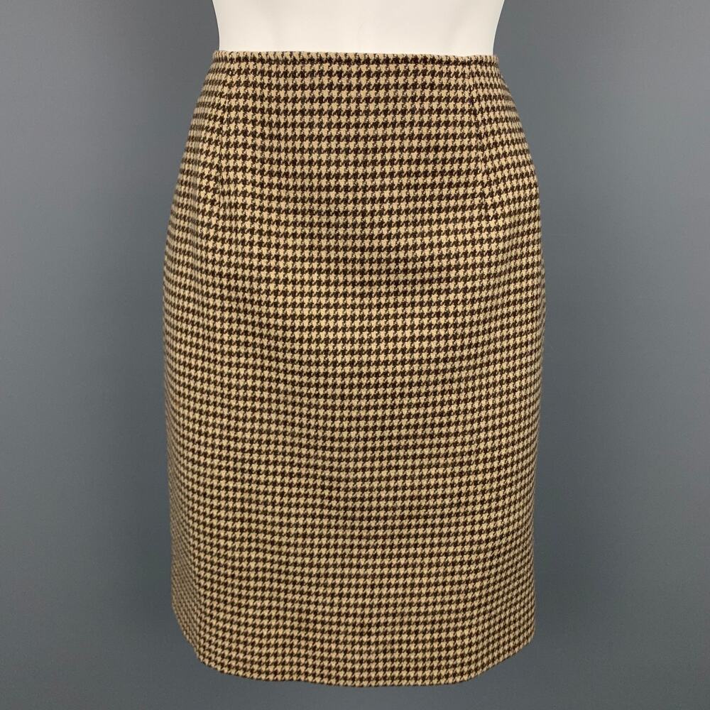 RALPH LAUREN Blue Label Size 8 Brown & Beige Houndstooth Wool Pencil Skirt